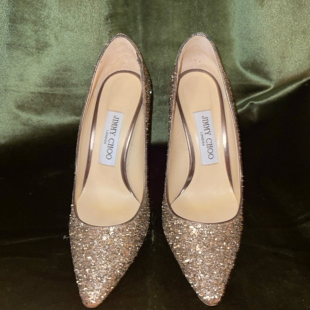 Jimmy Choo-Champagne Coarse Glitter Fabric Pointy Toe Pumps “Romy 85”
